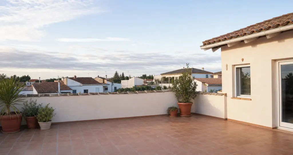 Terraza sencilla de una vivienda con casas bajas al fondo