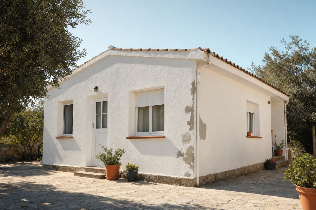 Casa sencilla de una planta con fachada y terraza