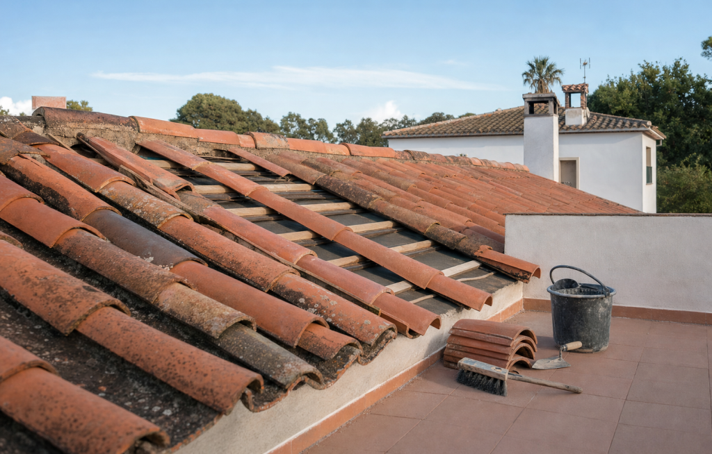 Tejado de teja y terraza de una casa sencilla